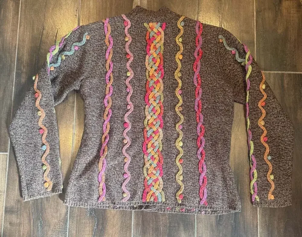 Vintage Talbots Brown Multicolored 3D Braided Artsy Cardigan Sweater